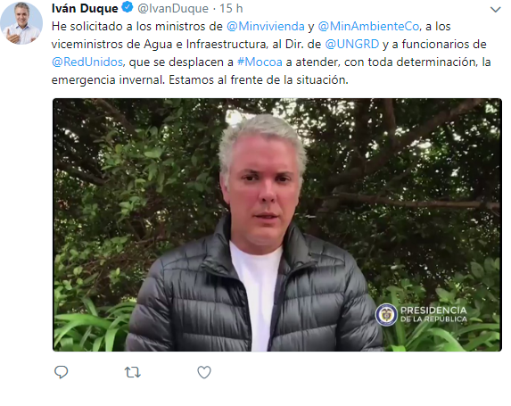 Presidente Duque activa plan para atender afectaciones por la emergencia invernal en Mocoa